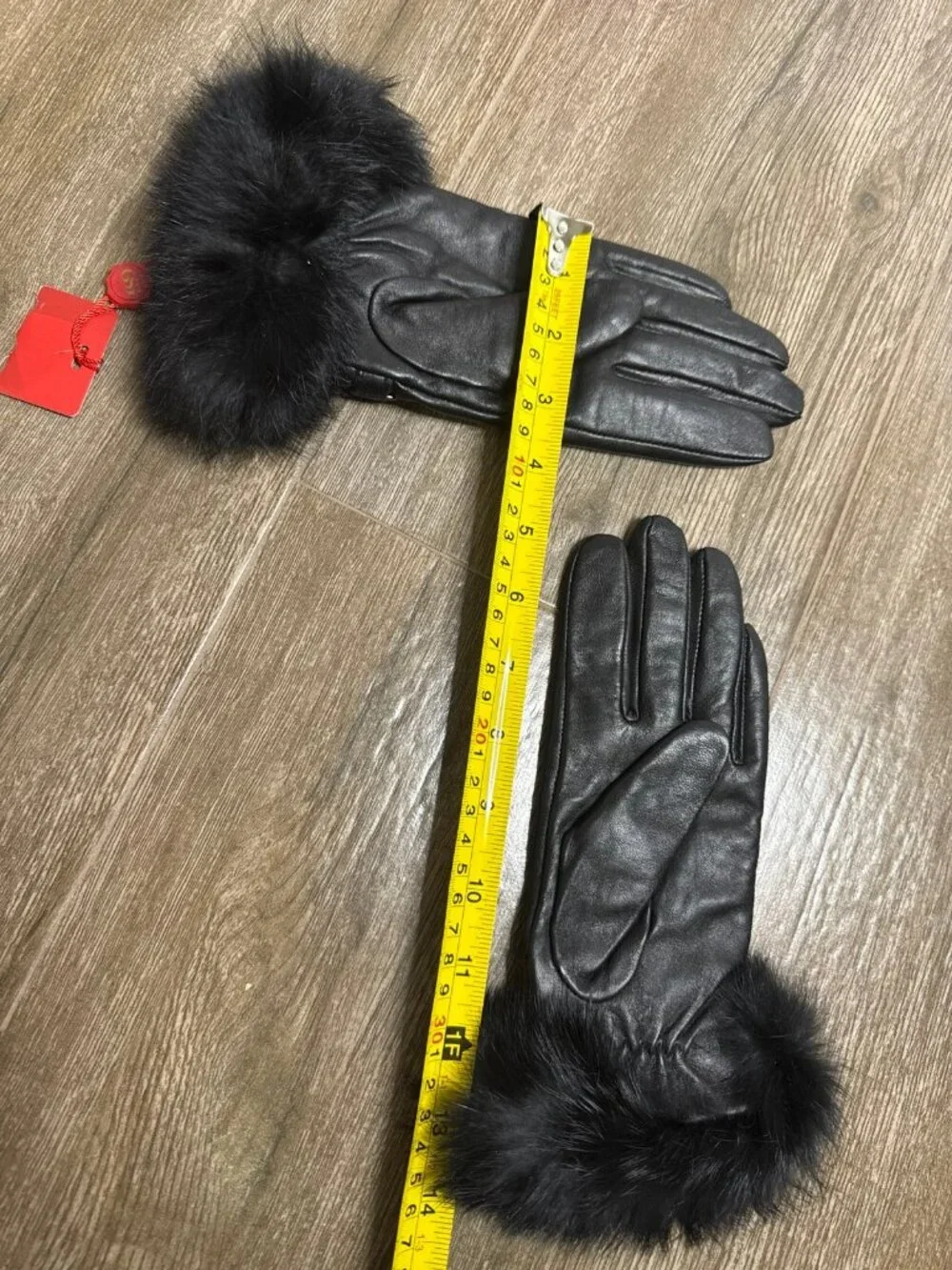 New GSG black leather Gloves with rabbit fur cuffs and wool liner size 7